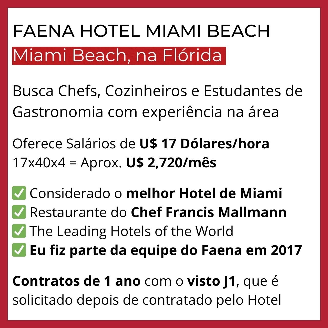 Vagas para Brasileiros nos Estados Unidos - Miami Beach FL - Viaje Com Emprego